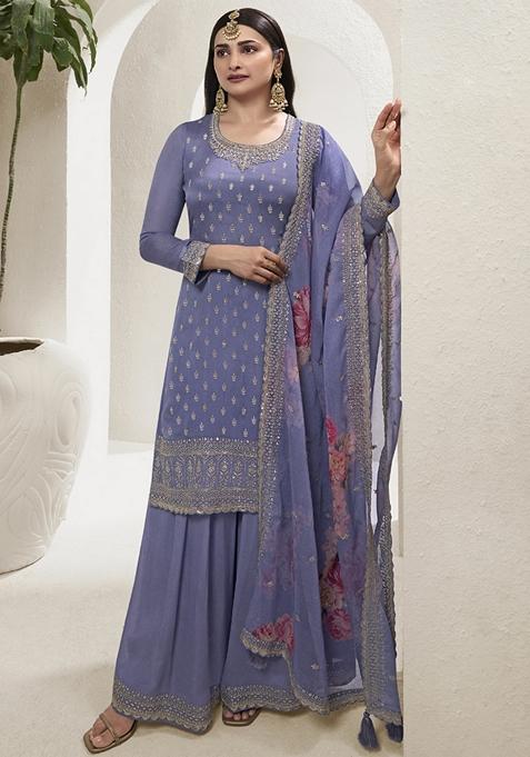 Lavender Embroidered Chinon Sharara Set