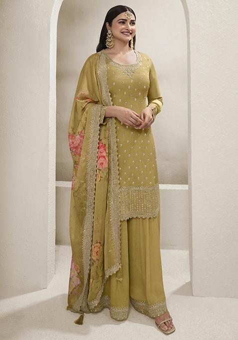 Yellow Embroidered Chinon Sharara Set