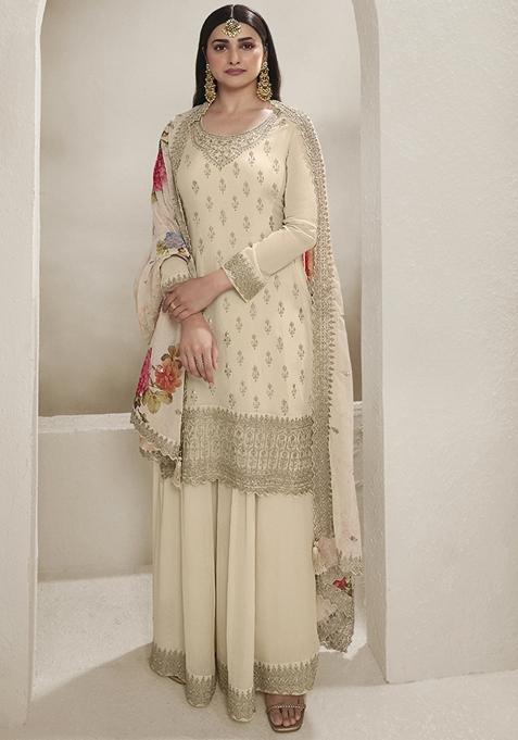 Pink Embroidered Chinon Sharara Set