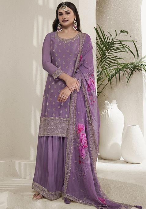 Light Purple Embroidered Chinon Sharara Set