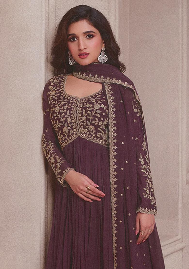 Wine Embroidered Chinon Anarkali Set