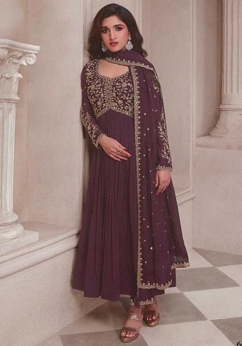 Wine Embroidered Chinon Anarkali Set