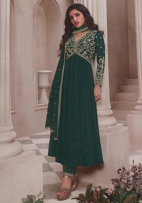 Green Embroidered Chinon Anarkali Set