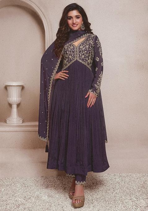 Lavender Embroidered Chinon Anarkali Set