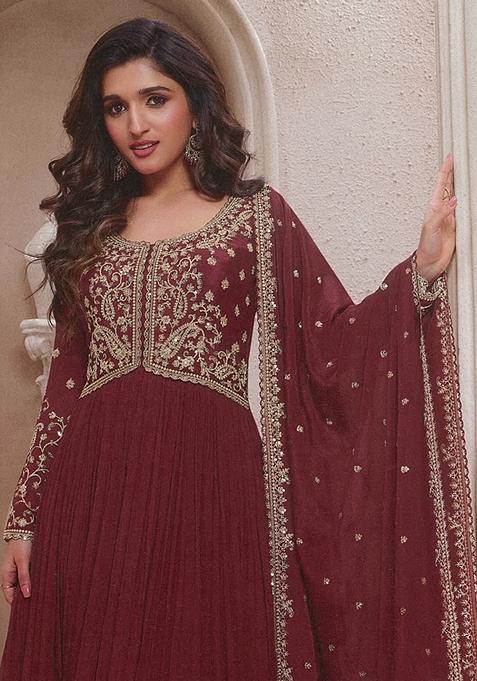 Maroon Embroidered Chinon Anarkali Set