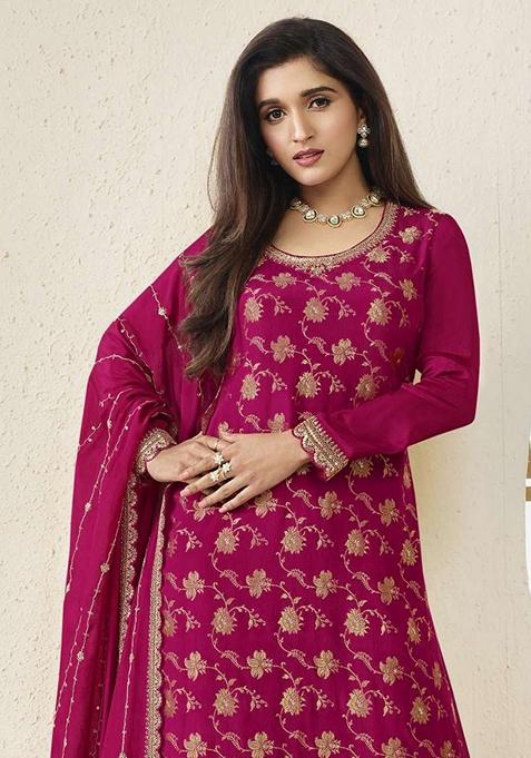 Pink Embroidered Chinon Sharara Set