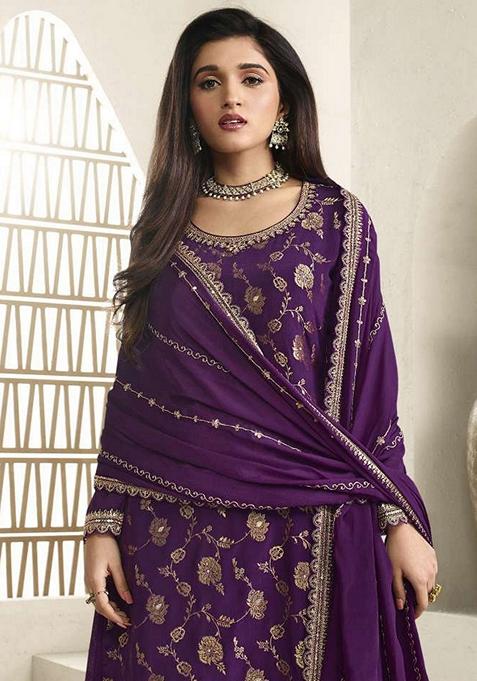 Purple Embroidered Chinon Sharara Set