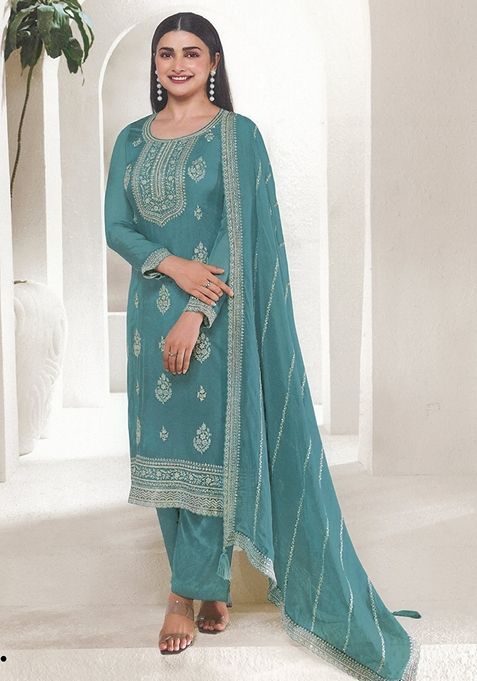 Sky Blue Embroidered Organza Kurta Set