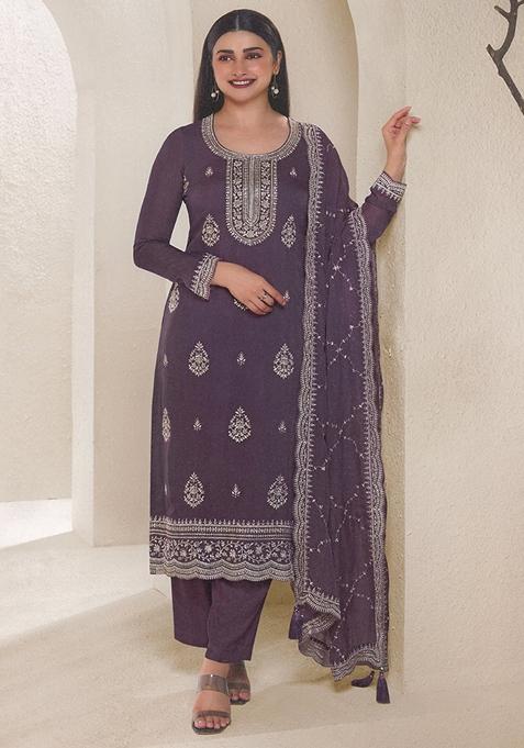 Purple Embroidered Organza Kurta Set