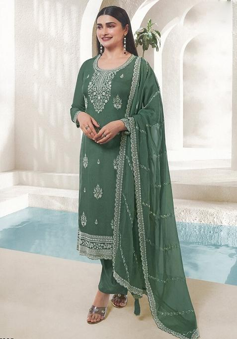 Green Embroidered Organza Kurta Set