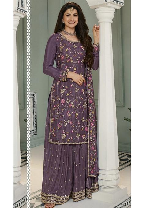 Purple Embroidered Chinon Sharara Set