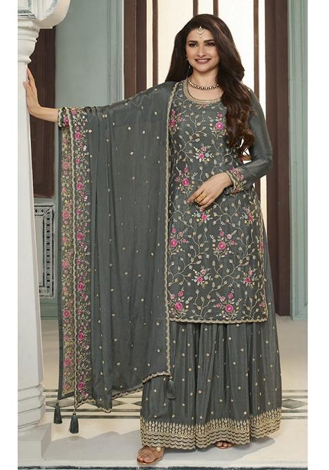 Grey Embroidered Chinon Sharara Set