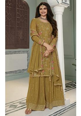 Yellow Embroidered Chinon Sharara Set