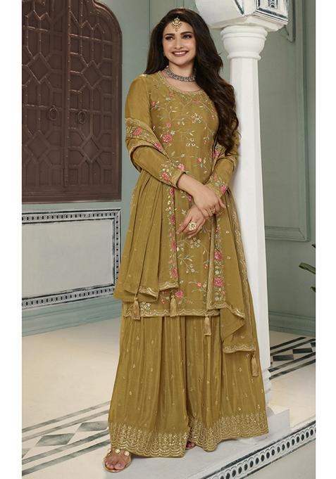 Yellow Embroidered Chinon Sharara Set