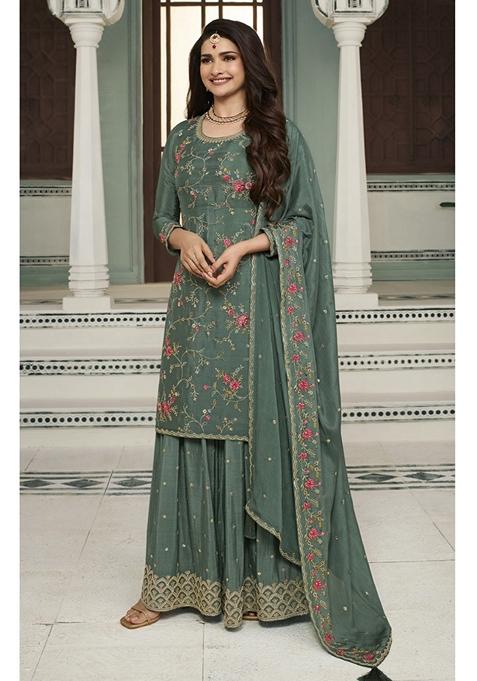 Green Embroidered Chinon Sharara Set