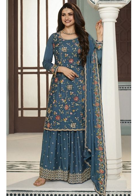 Blue Embroidered Chinon Sharara Set