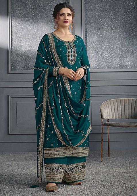 Green Embroidered Jacquard Palazzo Set