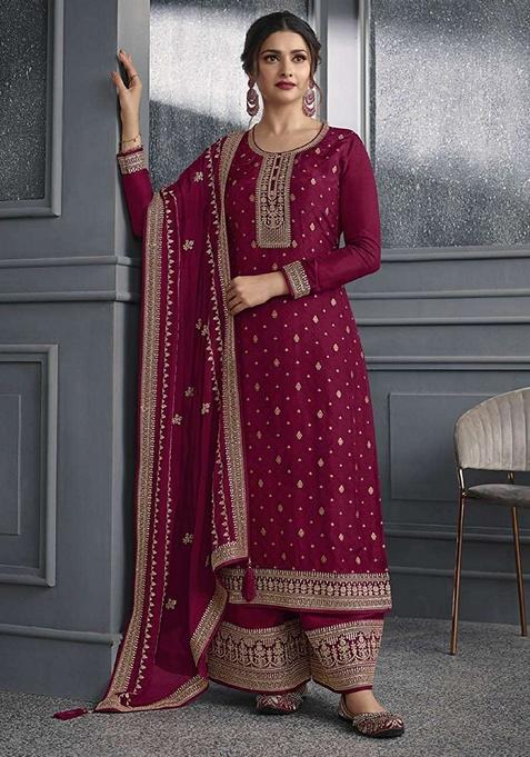 Maroon Embroidered Jacquard Palazzo Set