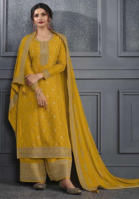 Yellow Embroidered Jacquard Palazzo Set