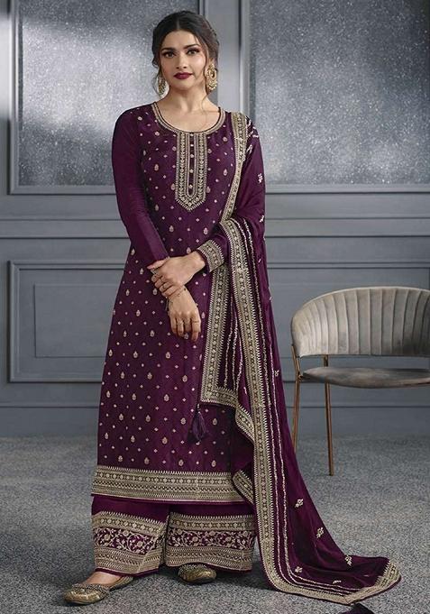 Wine Embroidered Jacquard Palazzo Set