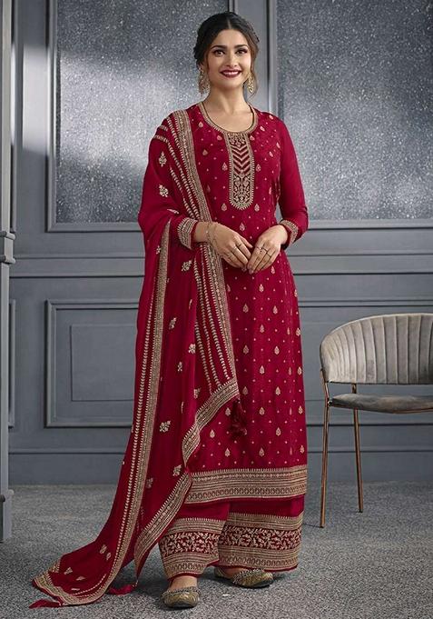 Red Embroidered Jacquard Palazzo Set