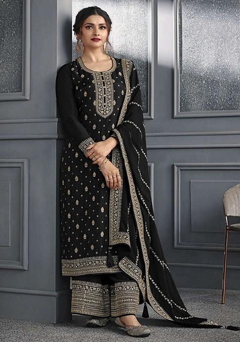 Black Embroidered Jacquard Palazzo Set