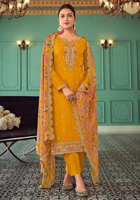 Yellow Embroidered Georgette Kurta Set