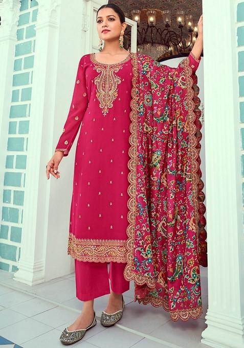 Pink Embroidered Georgette Kurta Set