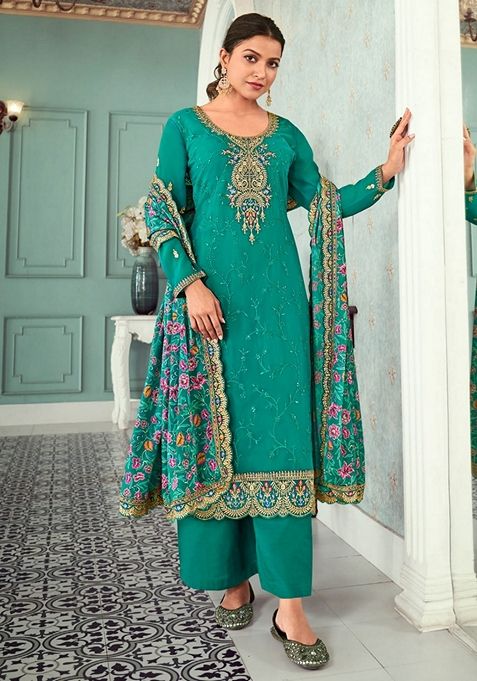 Turquoise Embroidered Georgette Kurta Set