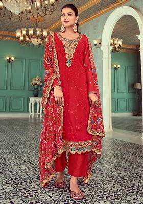 Red Embroidered Georgette Kurta Set