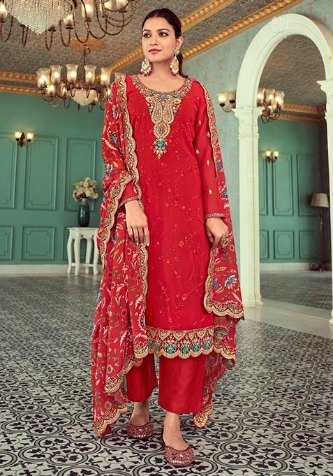 Red Embroidered Georgette Kurta Set