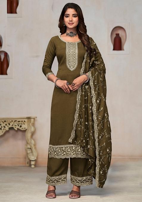 Mehendi Embroidered Silk Kurta Set