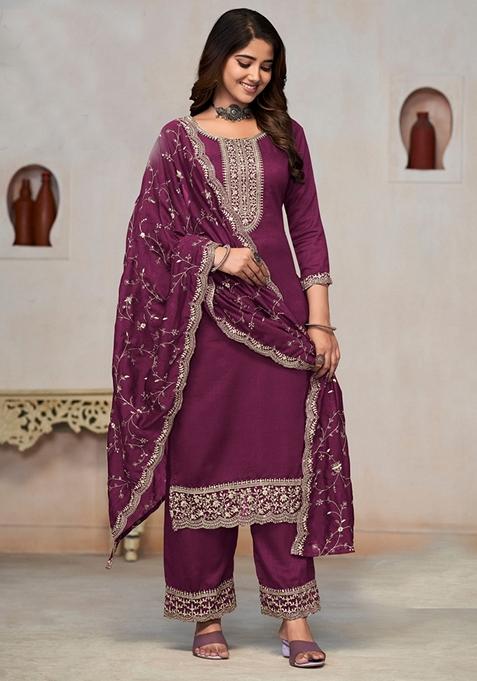 Onion Pink Embroidered Silk Kurta Set