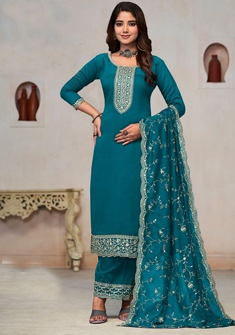 Turquoise Embroidered Silk Kurta Set