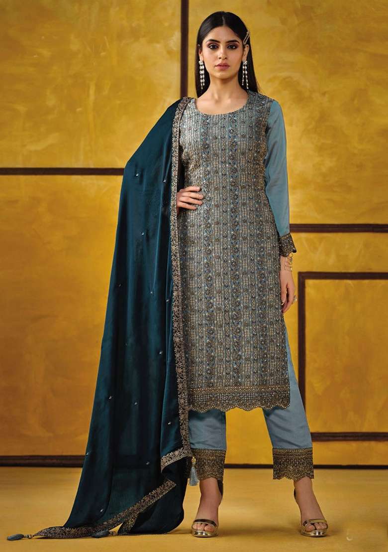 Sky Blue Embroidered Silk Blend Straight Kurta Set - Indya