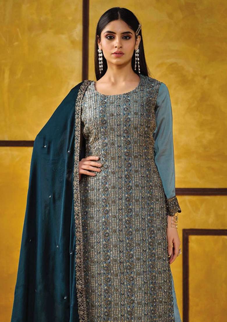 Sky Blue Embroidered Silk Blend Straight Kurta Set - Indya