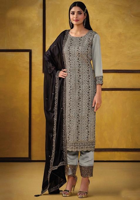 Light Grey Sequin Embroidered Silk Kurta Set