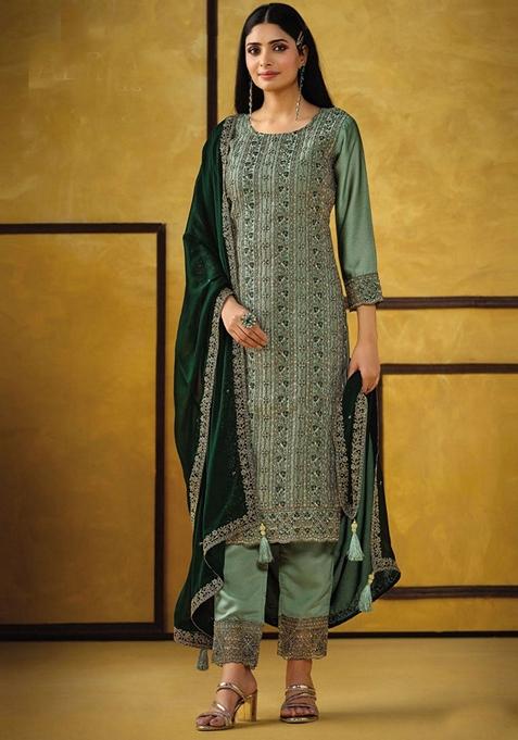 Light Green Sequin Embroidered Silk Kurta Set