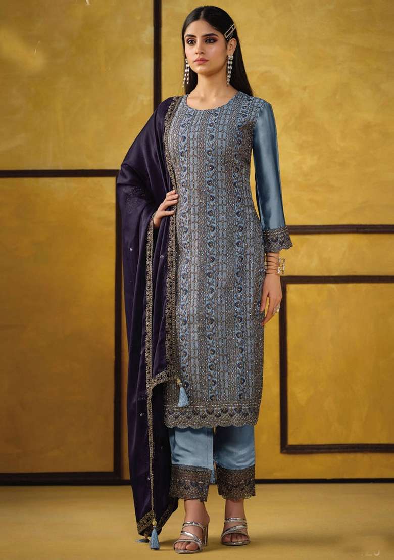 Light Blue Embroidered Silk Blend Straight Kurta Set - Indya