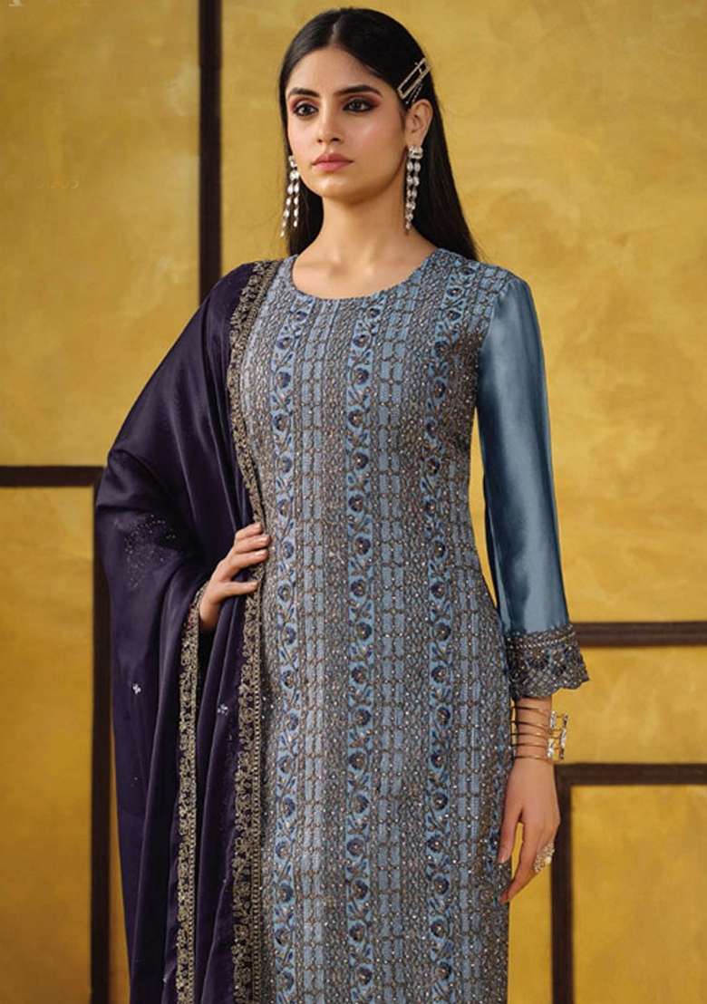 Light Blue Embroidered Silk Blend Straight Kurta Set - Indya