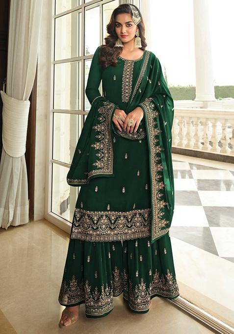 Green Embroidered Georgette Palazzo Set