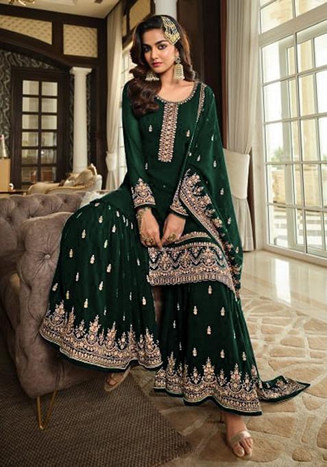 Heavy Georgatte & Multi Embroidery Work & Stone Work Green Kurti Set