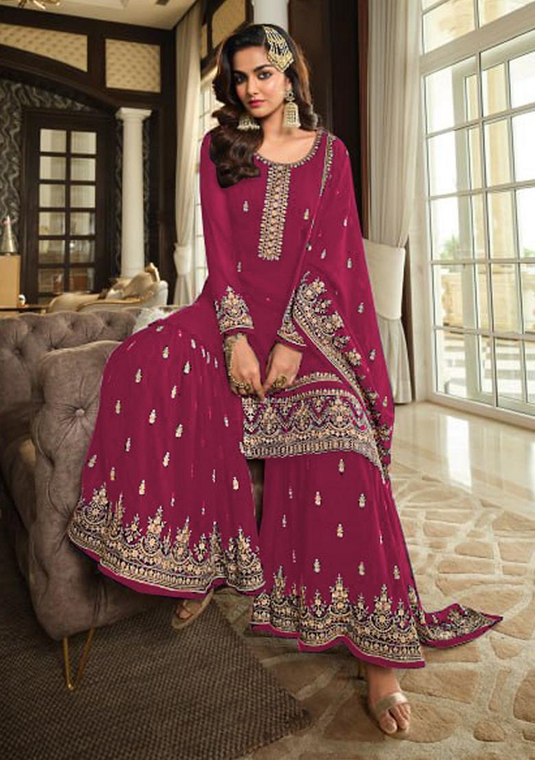 Pink Embroidered Georgette Palazzo Set