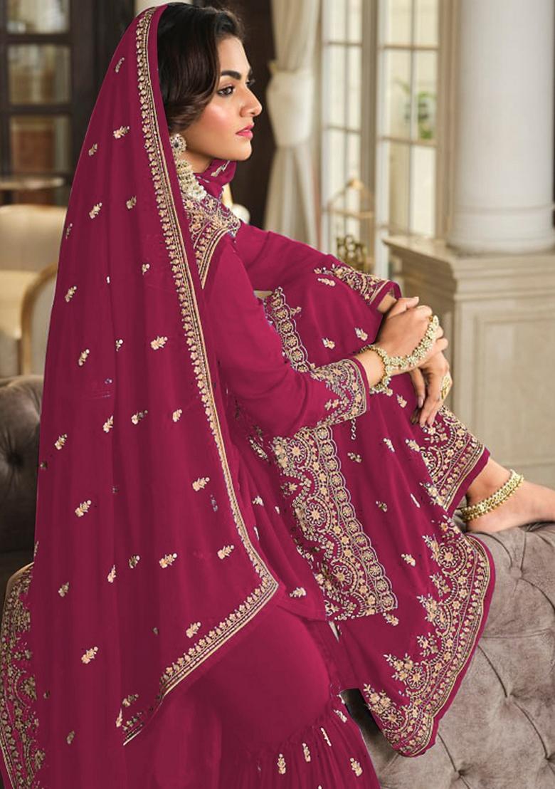 Pink Embroidered Georgette Palazzo Set