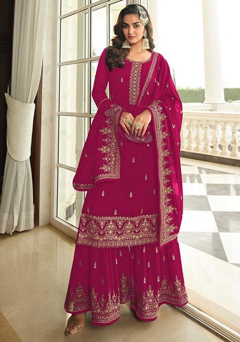 Pink Embroidered Georgette Palazzo Set