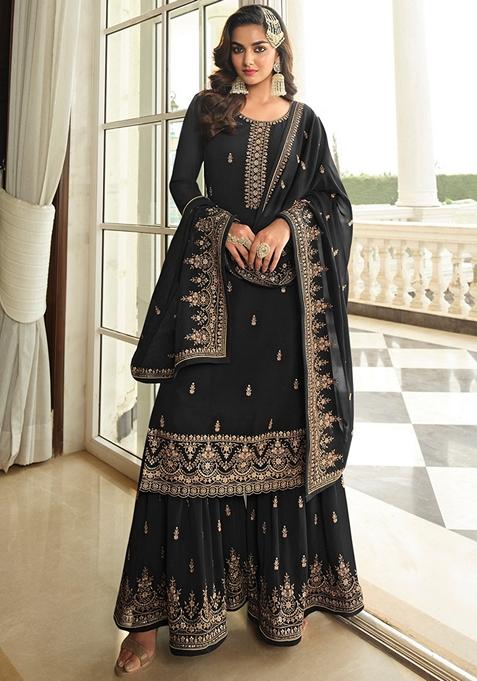 Black Embroidered Georgette Palazzo Set