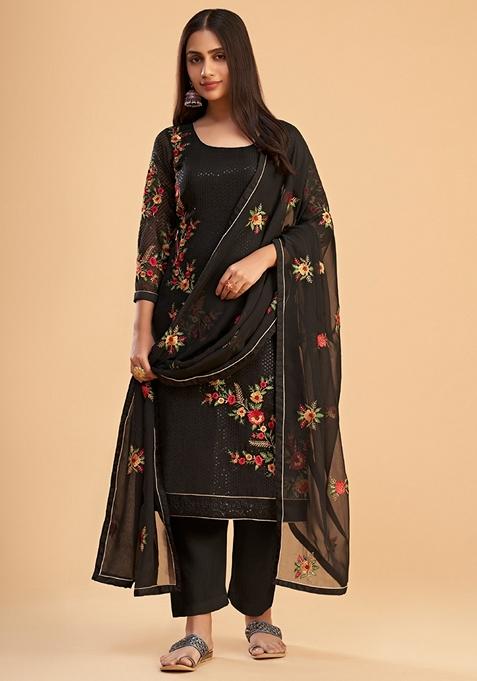 Black Embroidered Georgette Kurta Set