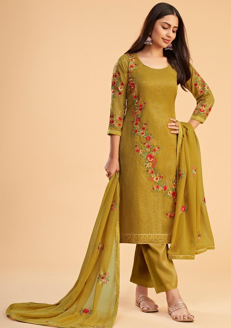 Mustard Embroidered Georgette Kurta Set