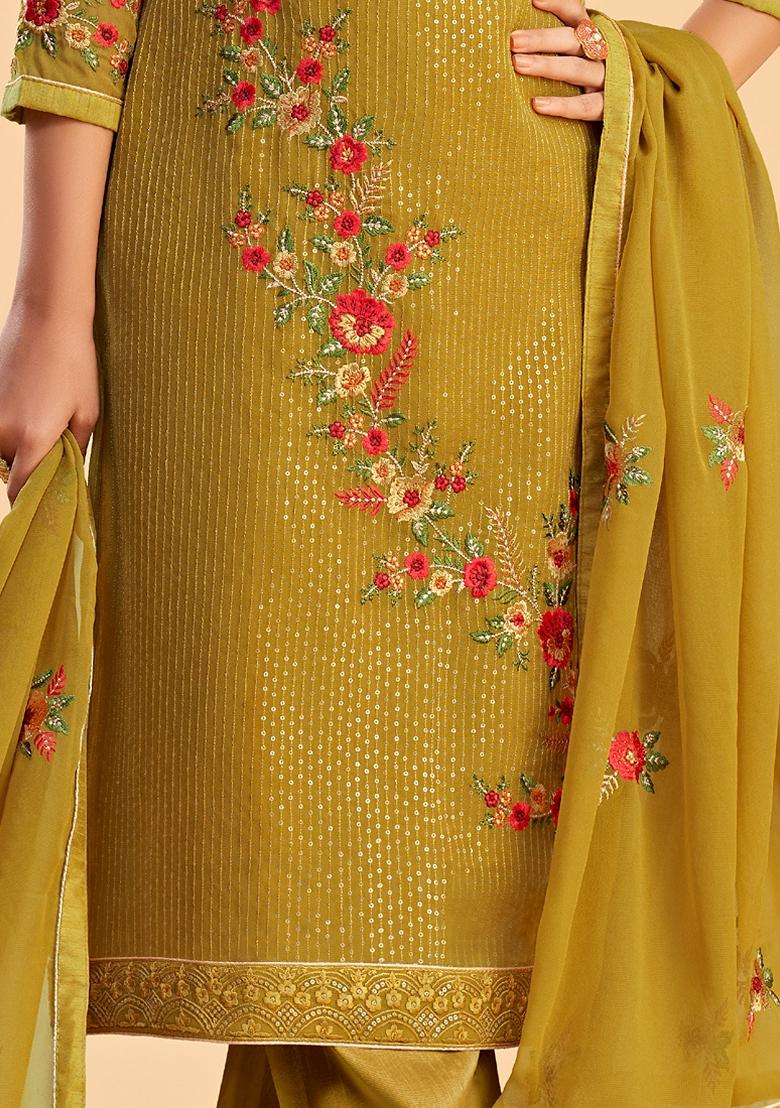 Mustard Embroidered Georgette Kurta Set
