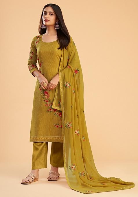 Mustard Embroidered Georgette Kurta Set